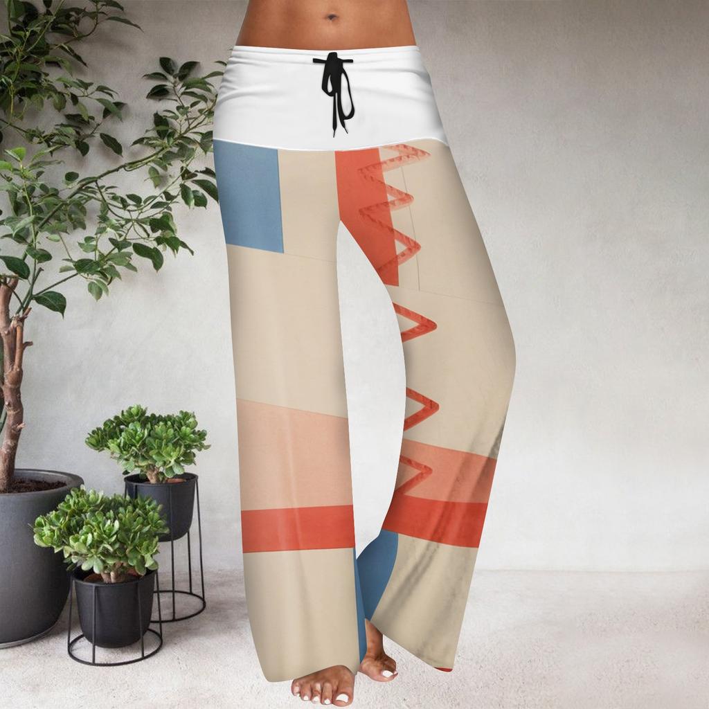 Pantaloni Casual Largi cu Talie Elastică cu Șnur pentru Femei, cu Imprimeu Floral și Blocuri de Culoare