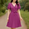 ZANZEA Women Casual V-Neck Summer Short Sleeve Pleated Dress