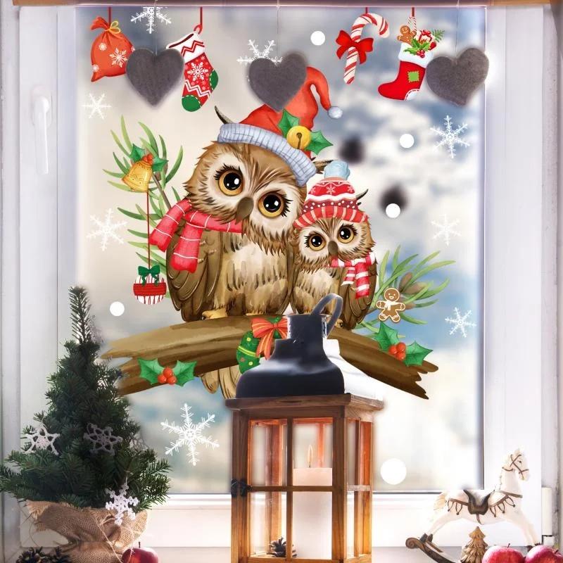 Christmas Branch Cartoon Owl Glass Sticker Christmas Window Decoration Sticker Self-adhesive Wall Sticker