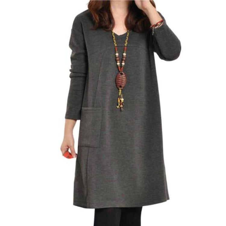 

Plus Size Womens Winter Dress Crew Neck Pullover Loose Patch Pocket Keep Warm Solid Color Autumn Dress for Work Lady Clothing 4XL сірий