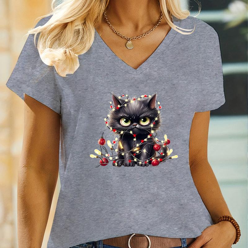 Black Christmas Angry Cat Design T Shirts Womens Short Sleeve Shirt Funny Cute Kitten V Neck Tshirt Women Fashion Animal Tshirt