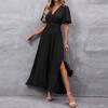 Dresses Femme Spring Summer Elegant Long Dress Women's Short Sleeve V Neck Hem Slit Solid Color Formal Evening Belted Dress Robe