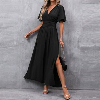 Dresses Femme Spring Summer Elegant Long Dress Women's Short Sleeve V Neck Hem Slit Solid Color Formal Evening Belted Dress Robe