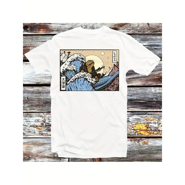 T-Shirt Featuring a Japanese Toad Playing a Banjo Guitar, Inspired by The Great Wave Off Kanagawa, Perfect for Themed Events, Festivals, Family
