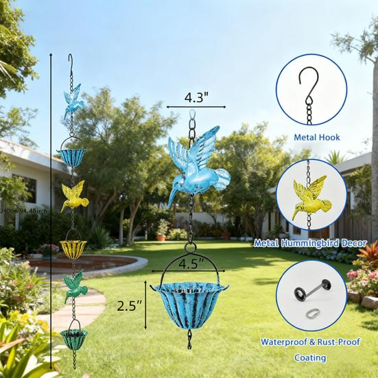 8Ft Hummingbird Rain Chain Colorful Hummingbird Iron Rain Chain Outside Rain Catcher Chain for Gutter Downspouts Garden Decor