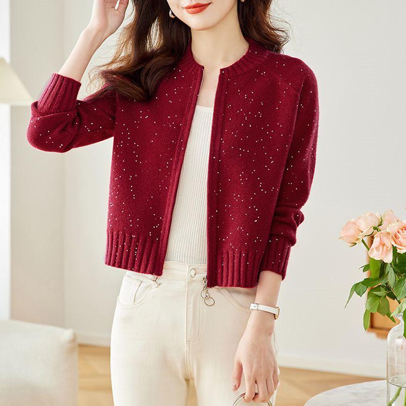 Podzimní dámský flitrový pletený kardigan šál s dlouhým rukávem