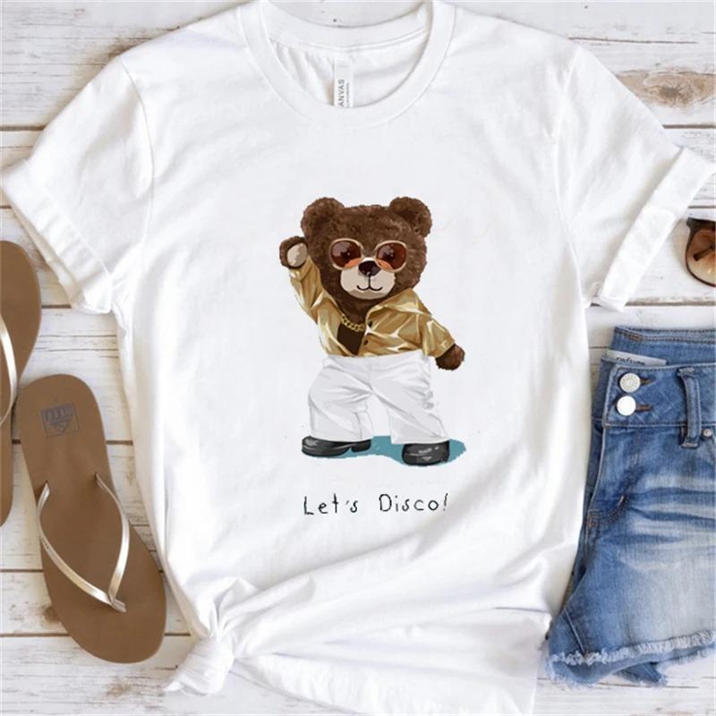 Cute Little Bear Print TShirt Summer Trend White Short Sleeve Neck Casual Sports Aesthetic Clothes Womens Graphic T Shirts