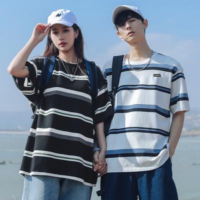 Men's Summer Couple Short-sleeved T-shirt Loose Fit Striped Round Neck Top Casual Shirt Men's Fashion Summer Clothing