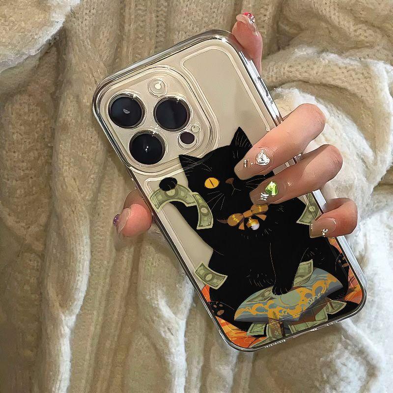 INS Cartoon Black Kitten Kitten Phone Case for IPhone 15 14 13 12 11 16 17 Pro Max 16 15 14 Plus Shockproof Transparent Cover