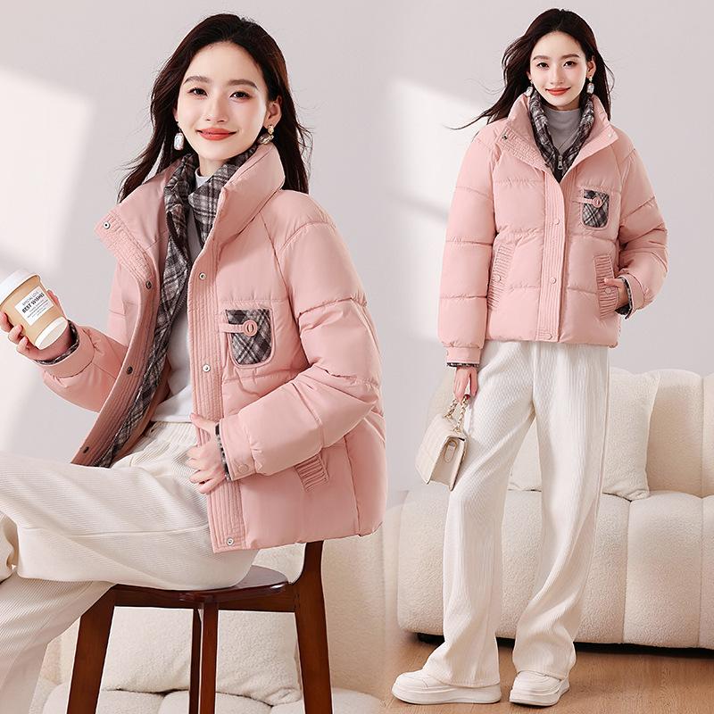 

Women s new stand-up collar plaid cold and windproof lightweight thickened fluffy warm loose high-quality fabric casual sports cotton clothing L розовый