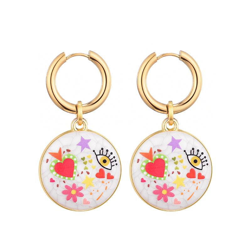 

Cute Round Eye Flower Smile Star Heart Pattern Stainless Steel Hoop Earrings For Women Vintage Enamel Gold Color Female Zircon