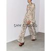 Round Neck Long Sleeves Animal Pattern Print Shirt 3716826 Mid-Waist Straight Translucent Pants 3660828