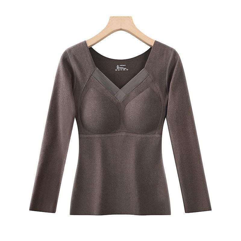 Women's Double-Sided Velvet Self-Heating Top with Fixed Cups, Thickened Waist, Long Sleeves - Warm Autumn Shirt.