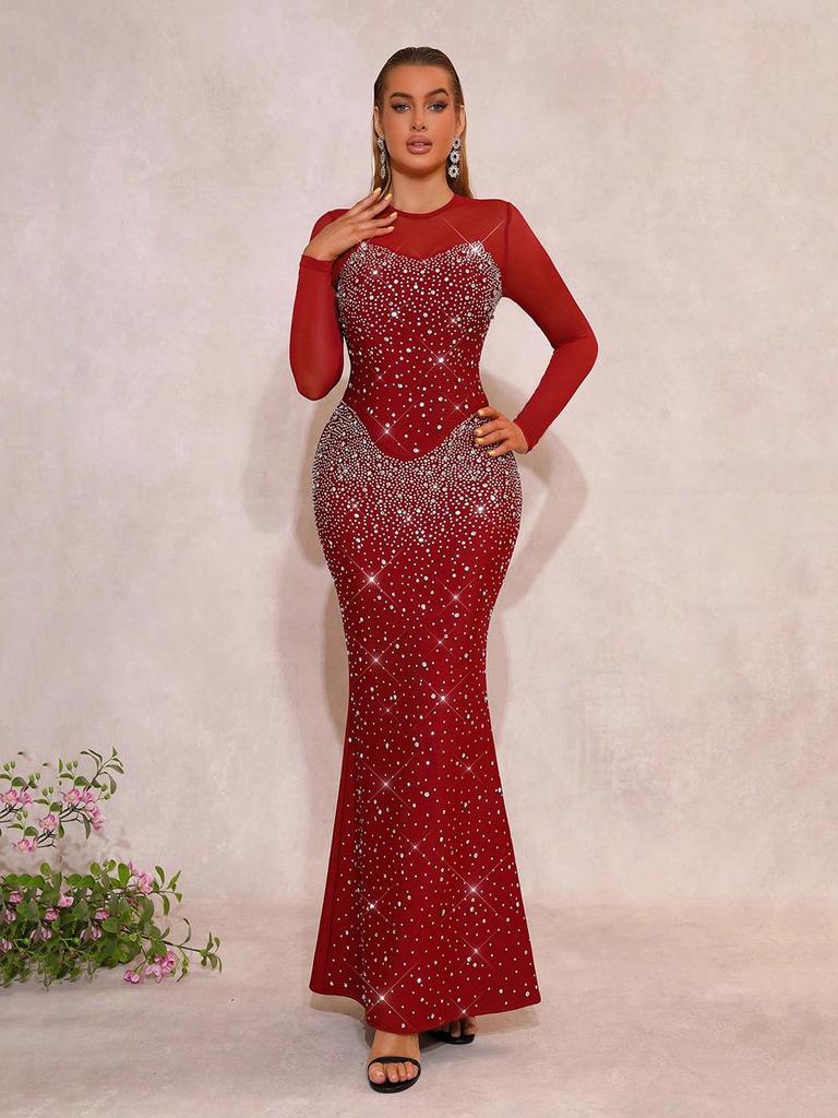 Elegant Mesh Rhinestone Bodycon Bandage Dress with Long Sleeves