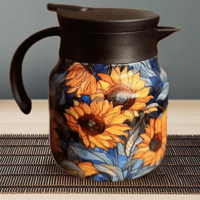 Tea Kettle 800ml Coffee Carafe Kettle Insulated Floral Pattern Teapot Stainless Steel Vacuum Thermal Pot for Brewing Filtering