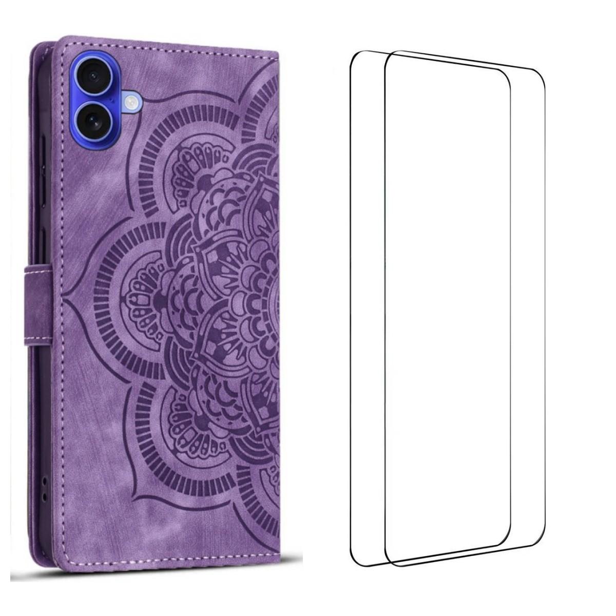 

For iPhone 16 Case with 2Pcs Tempered Glass WANLONFENG MTL Series Mandala Leather Phone Cover Purple