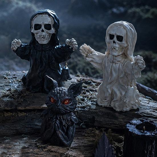 Small Halloween Statues for Shelves Resin Figurine, Spooky Skeleton Pumpkin Ghost Statue Home Accents Tiered Tray, Tabletop, Shelf, Indoor Kitchen