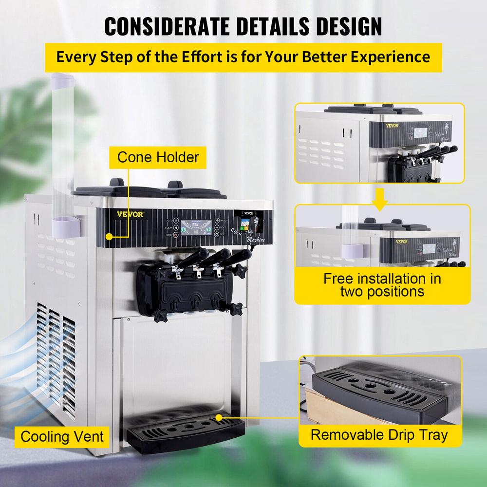 2200W Commercial Electric Countertop YKF-8218T Soft Ice Cream Machine Automatic with 2+1 Flavors Ice Cream Maker