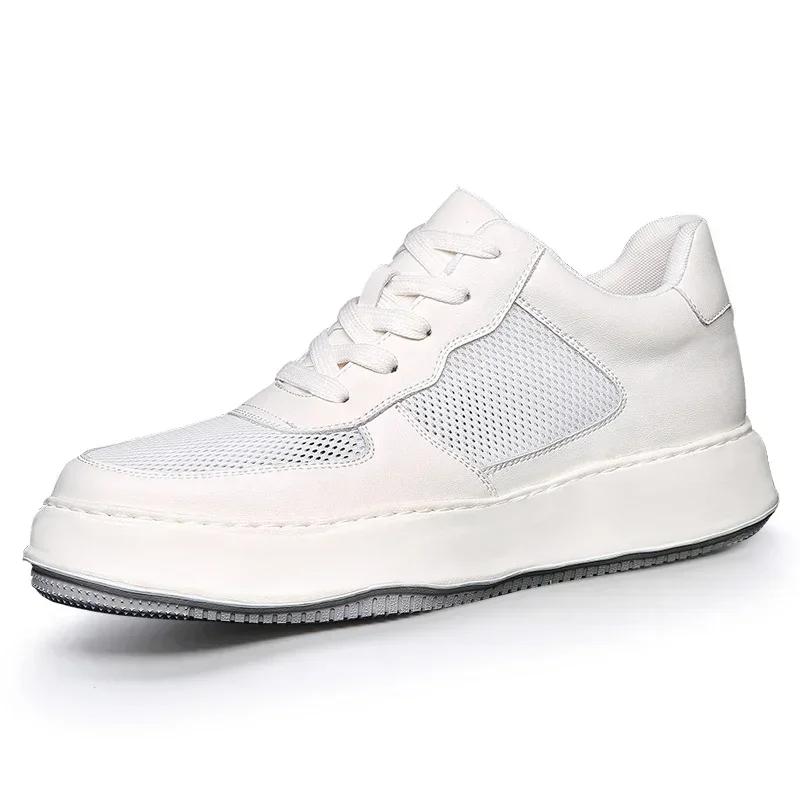 

Luxury Stylish 2024New Style Real Leather Men Casual Vulcanized Shoes Soft Bottom Invisible Height Youth Dating White Shoes6-8CM 44