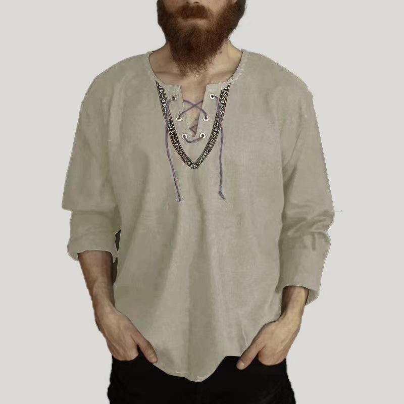 Men s European and American Style Loose Solid Color Long Sleeve Drawstring Shirt, Cotton Linen, Stand-up Collar. S