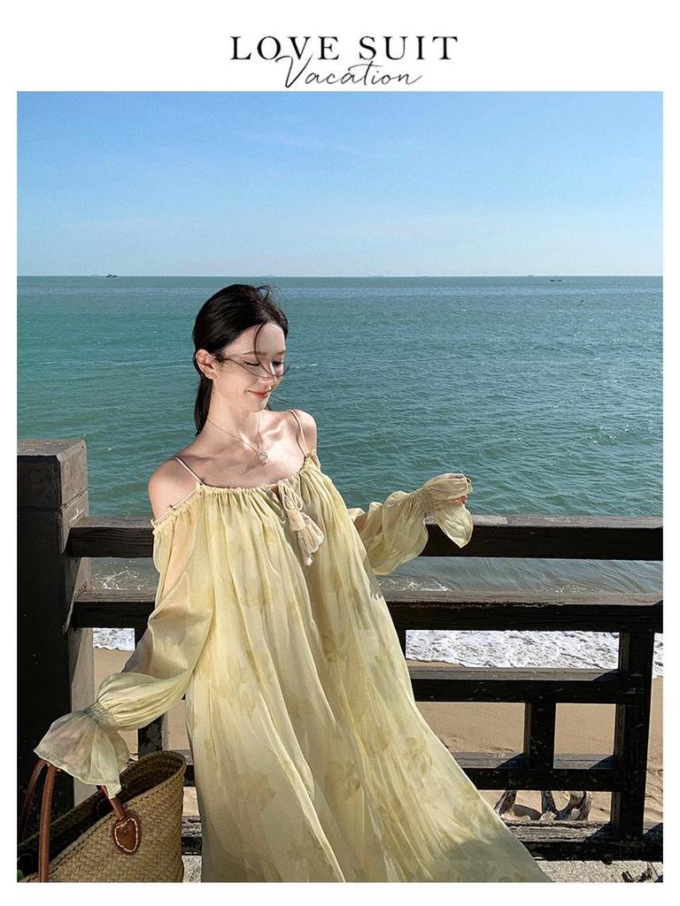 Elegant Long-Sleeved Tassel Macrame Vacation Dress