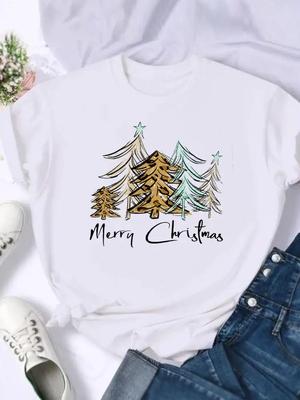 Merry Christmas Fashion Women Shirt Time Trend Christmas Tree 90s Holiday Unisex Clothing New Year Print Letters Tree Graphic Tops