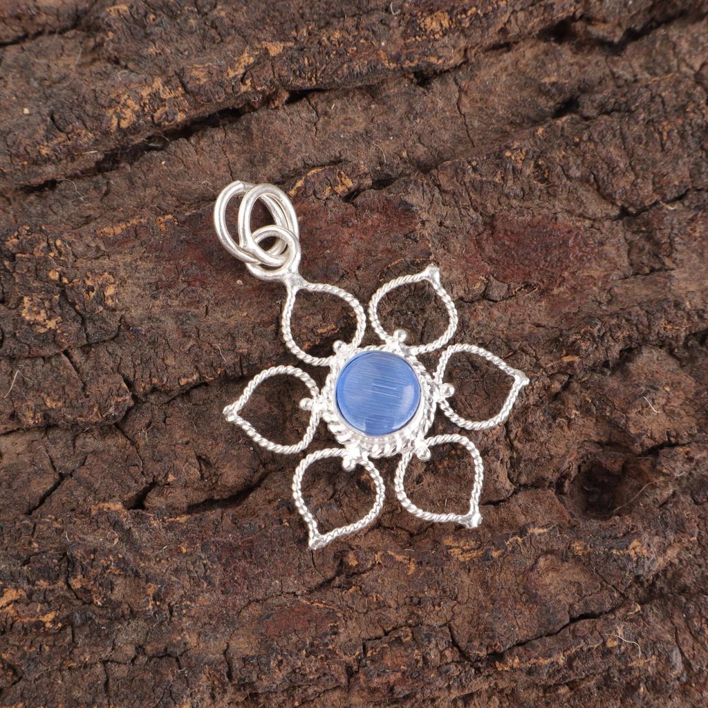 Dark Blue Cat'S Eye Gemstone 925 Sterling Silver Friend Gift Birthday Pendant PP-18-43