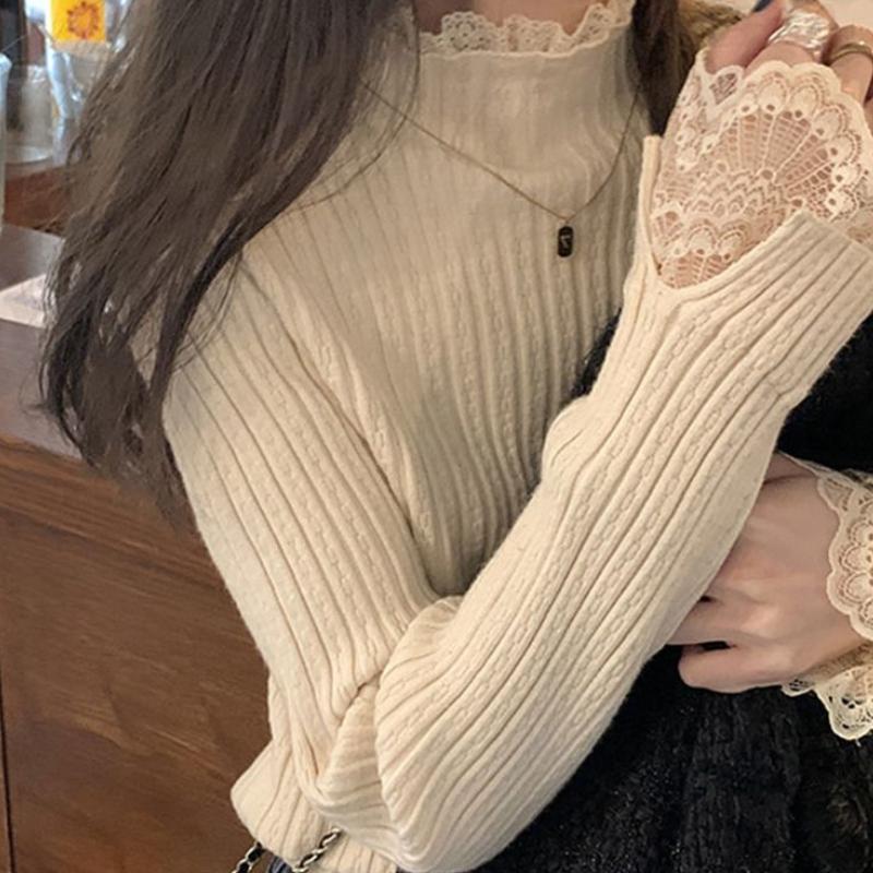 Women's Lace Trim Base Layer Autumn Spring Turtleneck Slim Fit Elegant Sweater Apricot Long Sleeve Knitted Top