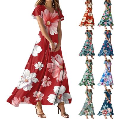 Dámske ležérne šaty s V-výstrihom, krátkym rukávom, vysokým pásom, retro kvetinovou a listovou potlačou