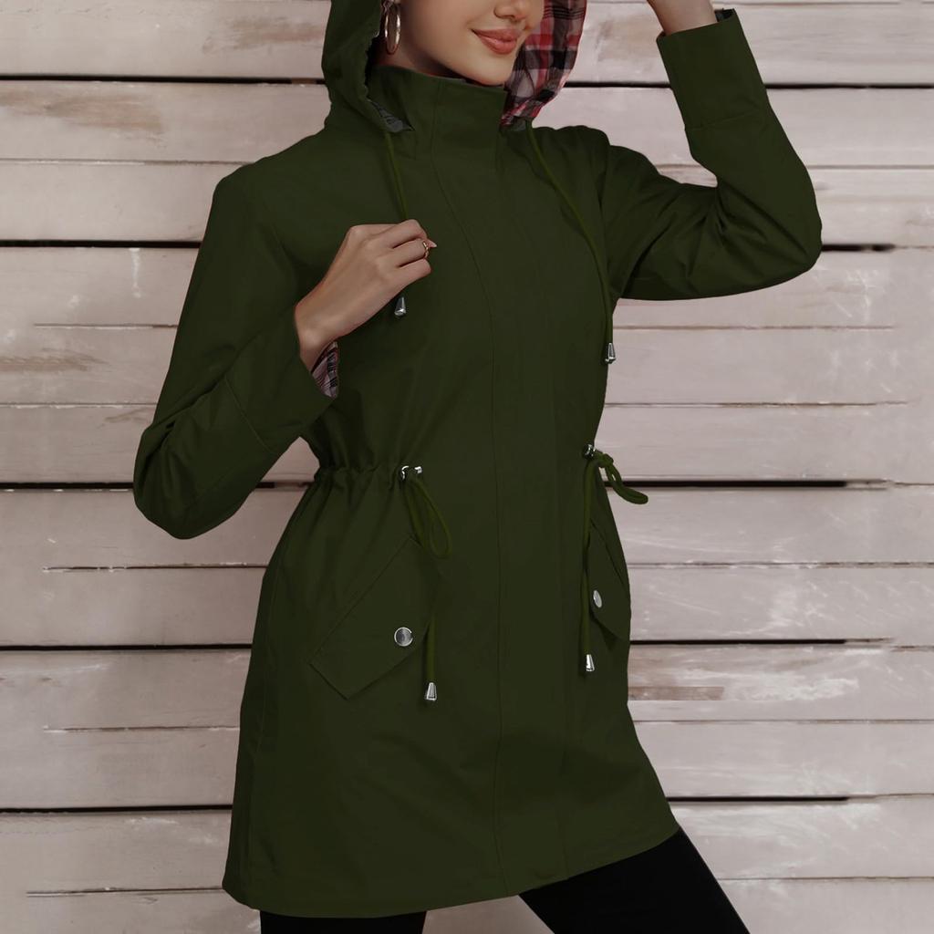 Women Solid Stripe Rain Jacket Outdoor Plus Waterproof Hooded Raincoat Windproof