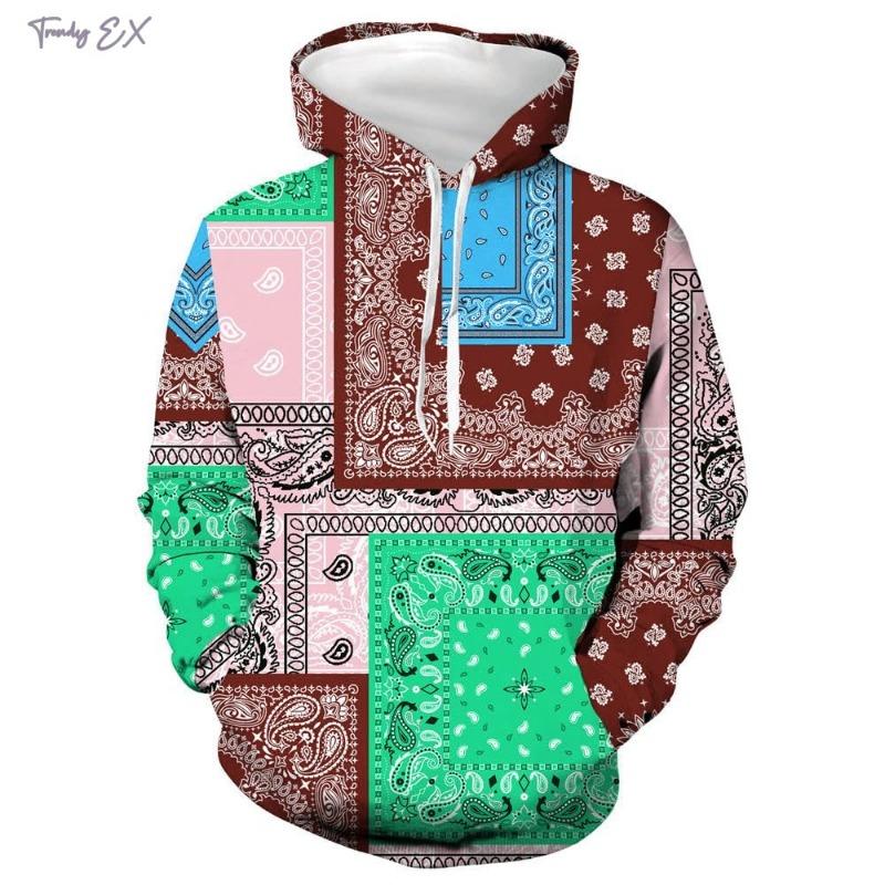 2024 New Sweatshirt Unisex Retro Bandana Print Cool Hoodies Fashion Patchwork Pattern Design Kangaroo Pocket Men's Sweatshirt