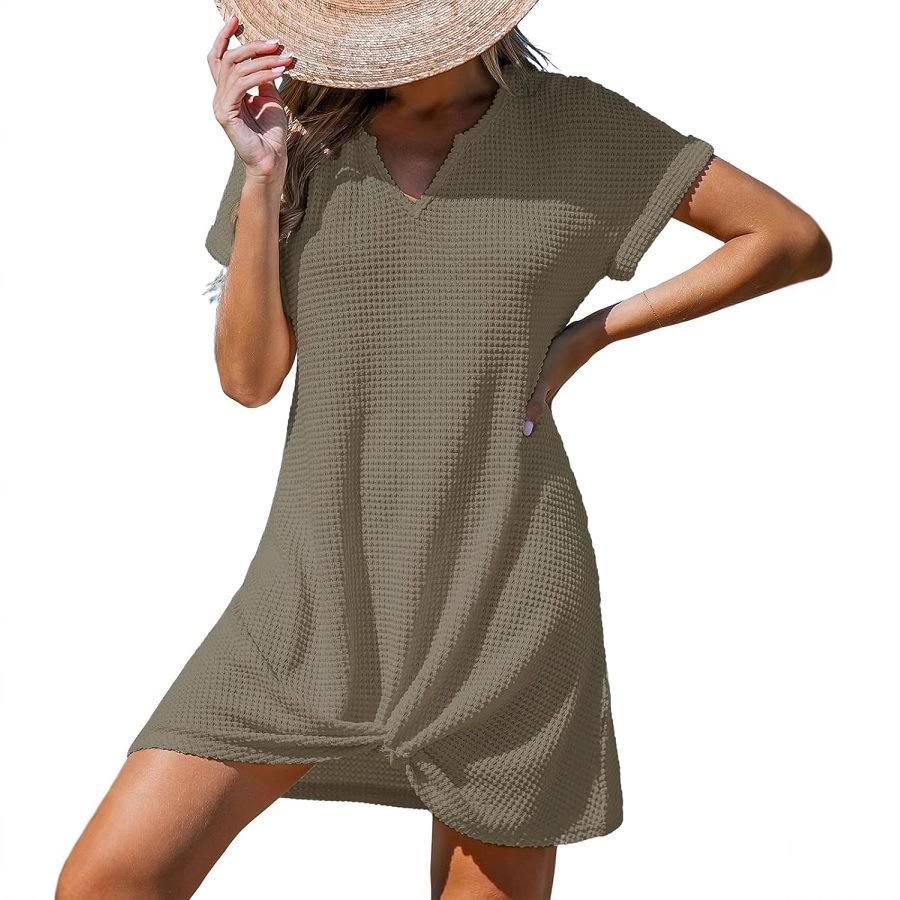 Women's Summer New Beach Dress V-Neck Knotted Cover-Up Ruffle Dress In Stock