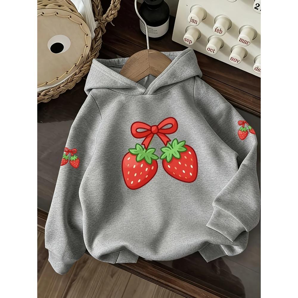 Kids' casual hoodie with a cute and sweet strawberry print, a versatile everyday style, suitable for children aged 3 and up.