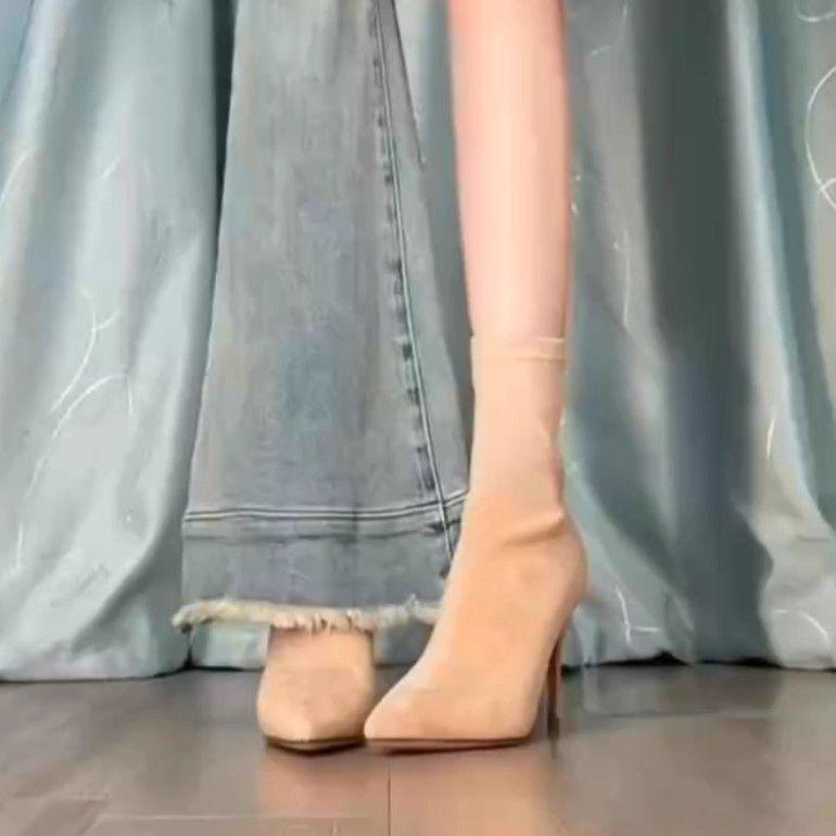 Pointed toe versatile temperament elegant fashion thin boots high heel short boots women's suede fine heel elastic