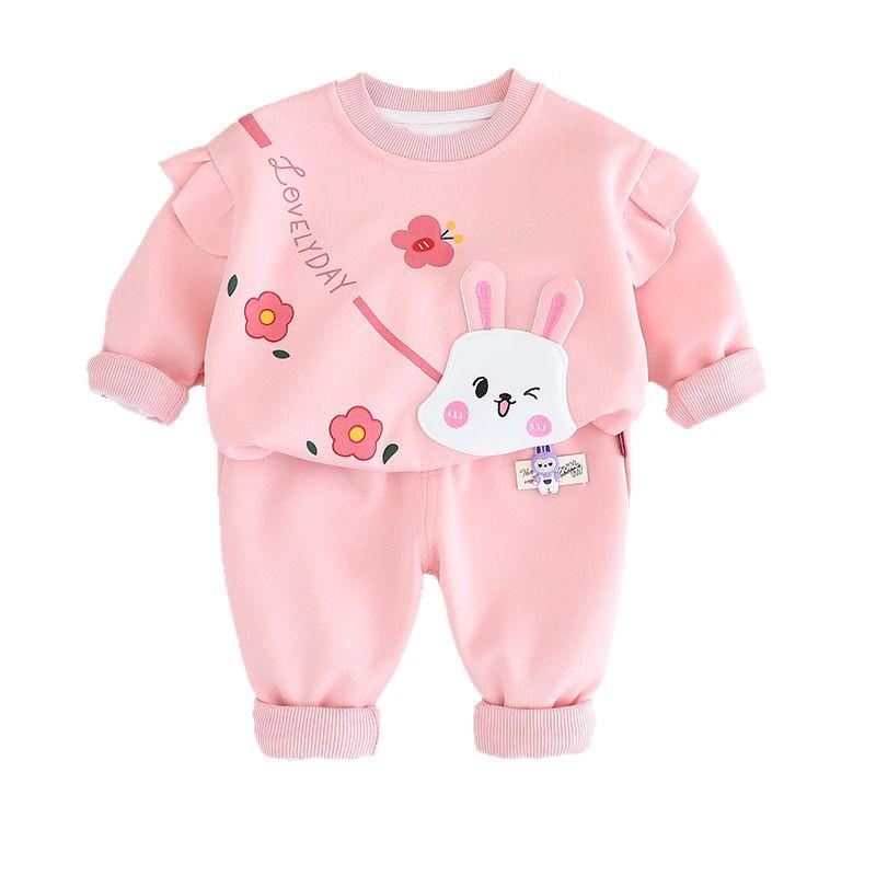 2025 Jaro & Podzim Dívčí Květinová a Králičí Mikinová Souprava - Stylový Dvoudílný Outfit