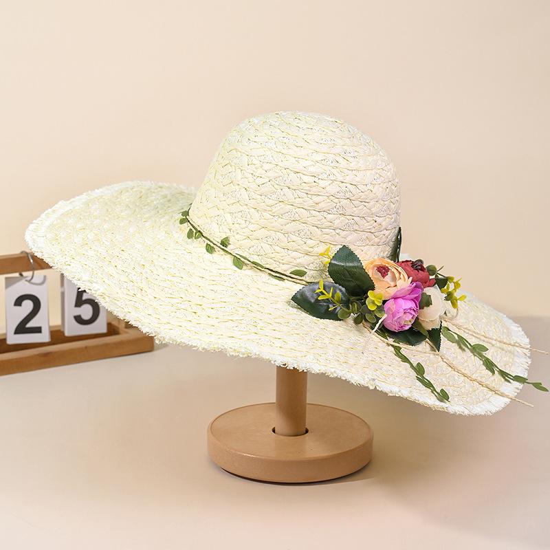 Spring and Summer Hat Women's Rough Edge Large Brim Lafite Straw Hat Sunshade Sunscreen Hat Simulation Flower Show Face Small Sun Hat