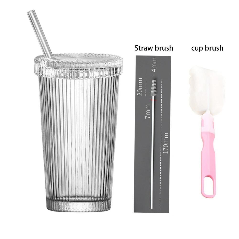 375Ml Stripe Glass Cup with Lid Straw Japanese Style Drinking Chic Mugs Milk Coffee Drinkware Tea Birthday Gifts Whiskey Glasses