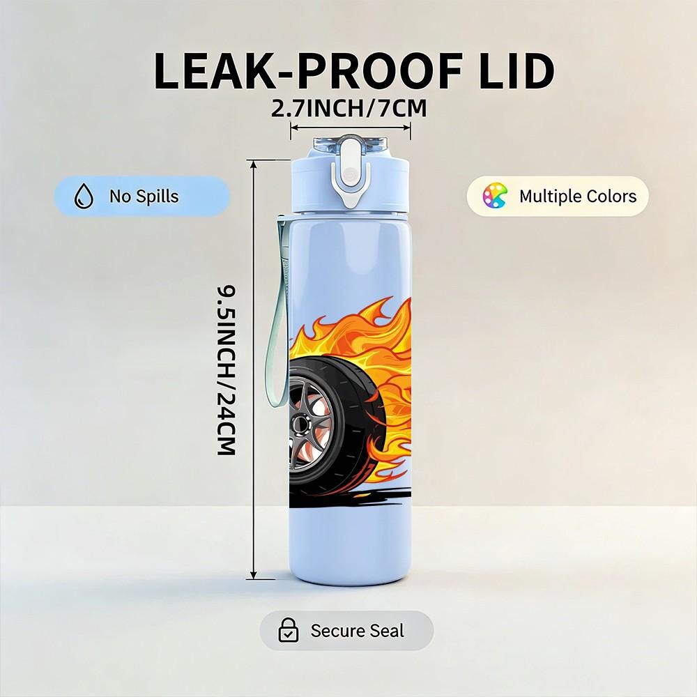 1PC Burning Tire Race Pattern 750ml Color Plastic Sports Water Bottle Leakproof Flip Straw Lid Suitable for Sports Office Home Use