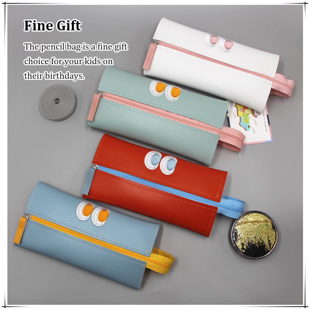 Leather Pencil Case Embroidery Zipper Solid Color Lifting Handle Replacement School University Pen Bag Pouch Birthday Gift