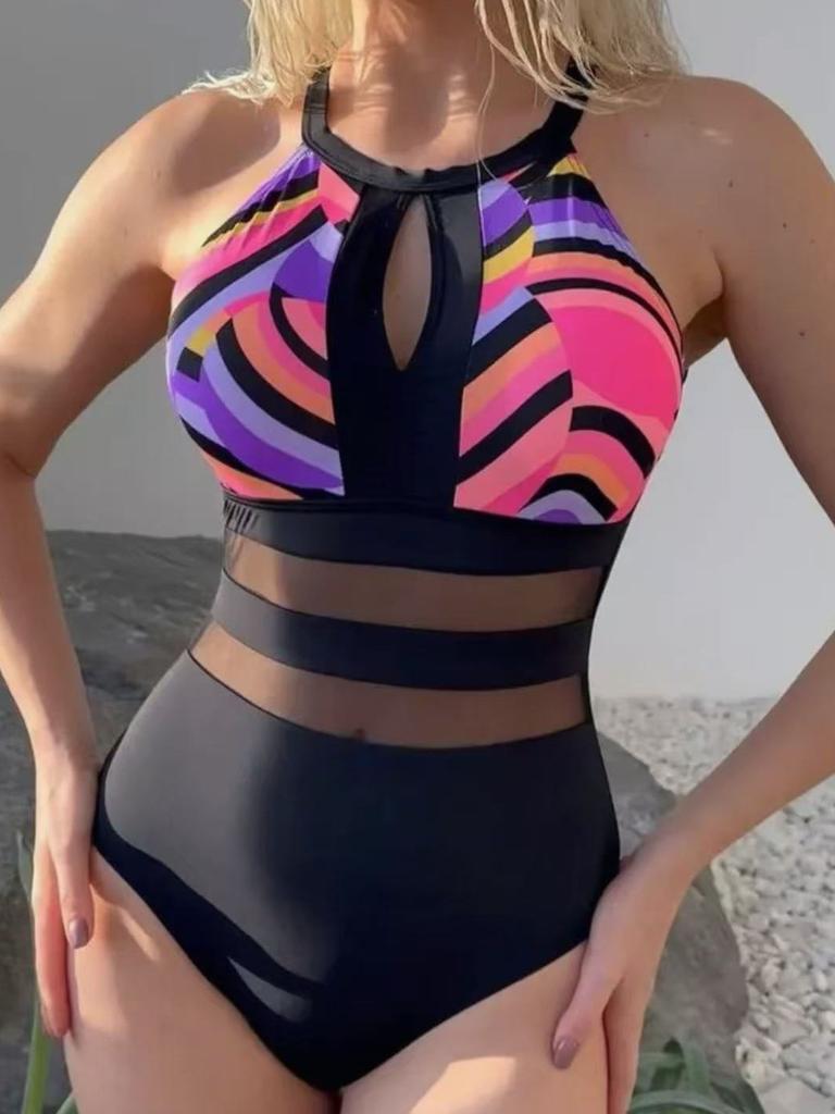 Women's Sexy And Fashionable High-neck Halterneck Striped One-piece Bikini Swimsuit
