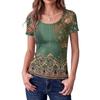 Women Slim Fit Square Neck Vintage Floral Print Short Sleeve Top Stretchy Ribbed Knit Fabric Casual Summer Shirt