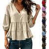 Women's Casual Round Neck Button Front Three-Quarter Sleeve Blouse Color Top for Everyday Wear