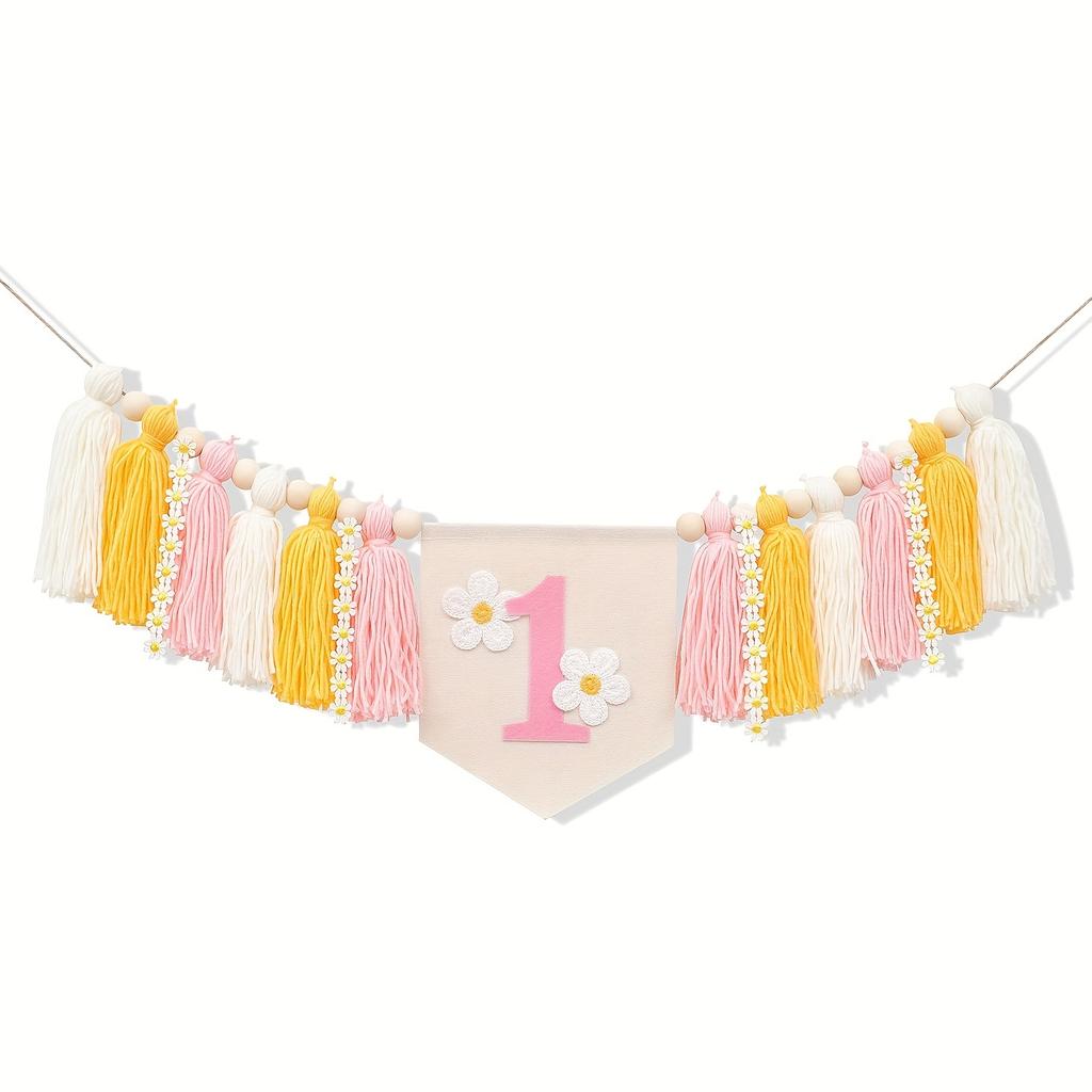 Daisy 1st Happy Birthday Banner Highchair Banner Tassels for Girl&Boy Birthday Party Decoration Baby Birthday Photo Props