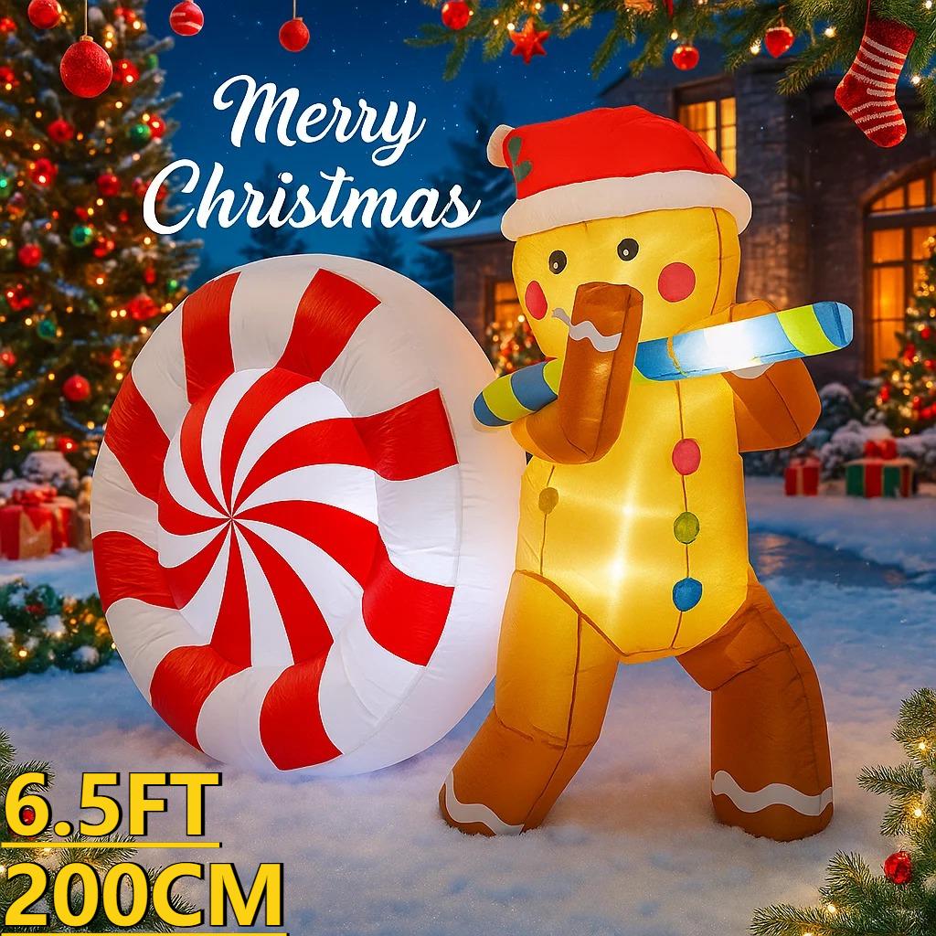 6.5FT  LED Inflatable Yard Decor Gingerbread Man Big Candy Cane Xmas Home Decor Ornaments Supplies Gifts Toy Christmas Holiday