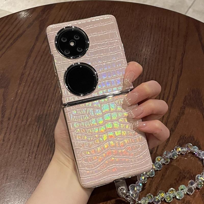 Tide Brand Crocodile Pattern Is Suitable for Huawei Pocke2 Folding Screen Mobile Phone Case P50Pocket Gradual Change Bamboo Powder Lanyard