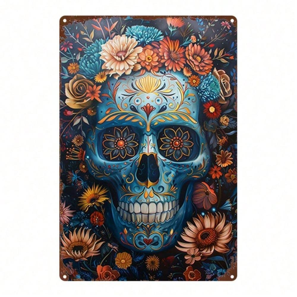 1pc 2D Mexican Skull Iron Wall Art, 8x12in Durable Metal Plaque, Floral Decor, Vintage Goth Home Room Sign