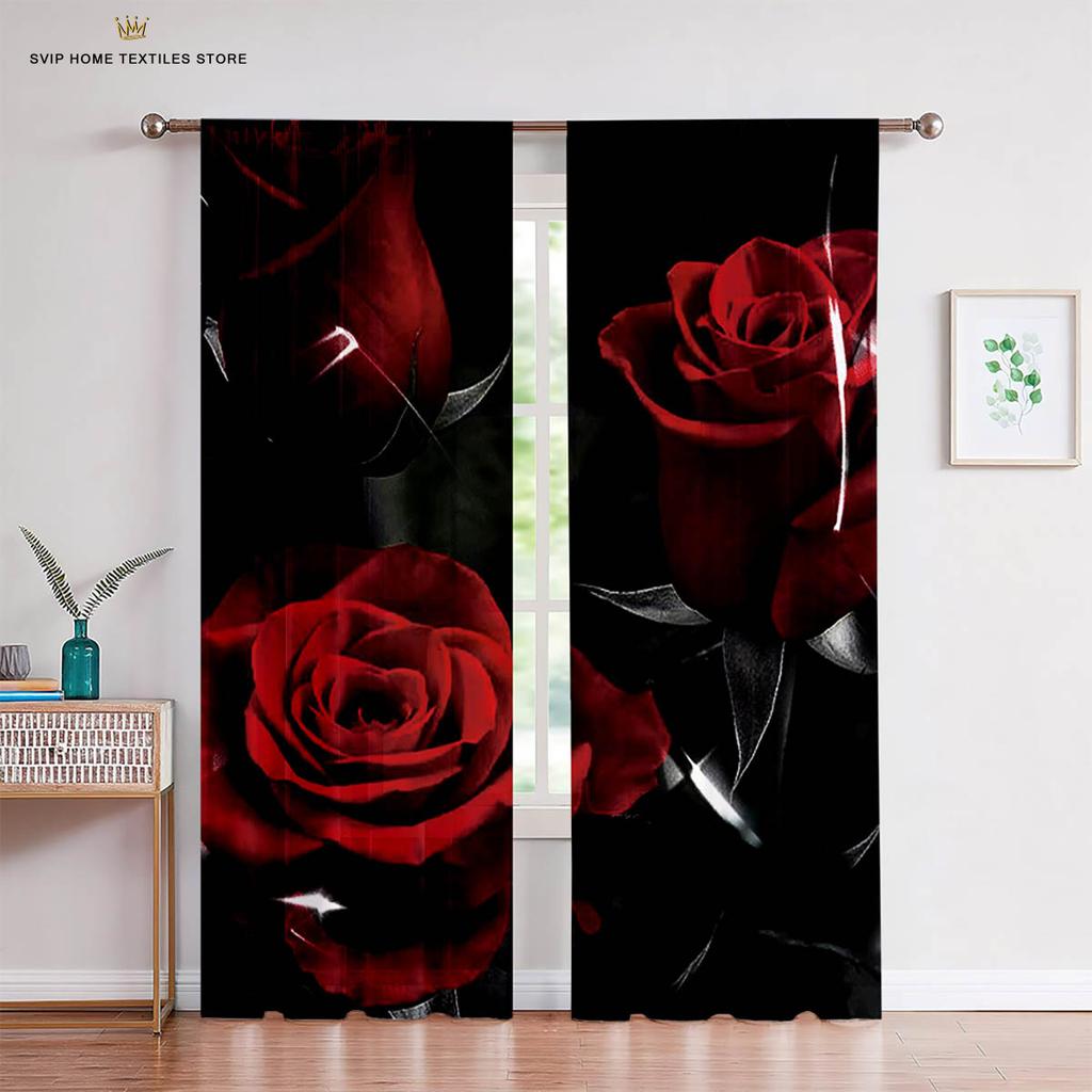 Red Retro Rose Flower 3D Printed Curtains, Suitable for Bedroom, Living Room, Balcony, Kitchen, Decorative, Easy to Wash