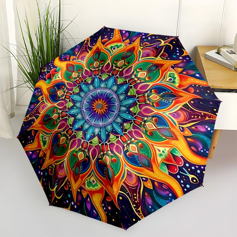 1pc Psychedelic Mandala Art Automatic Umbrella - 8-Rib Durable Frame, Portable Fashion Accessory & Holiday Gift Yy251117151