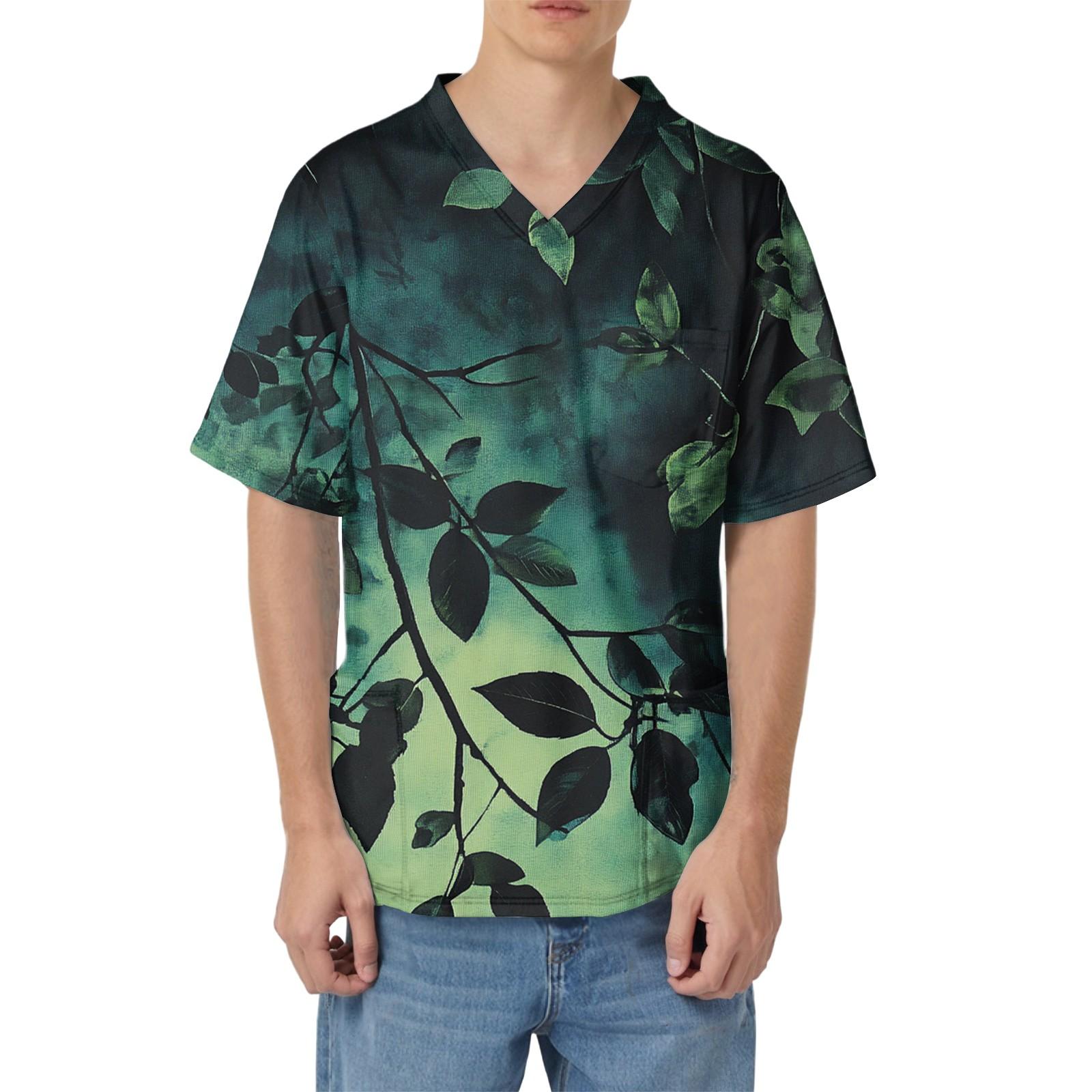 

Men s Printing Short Sleeve V-neck Working Blouse Chest Pocket Carer Top XXL