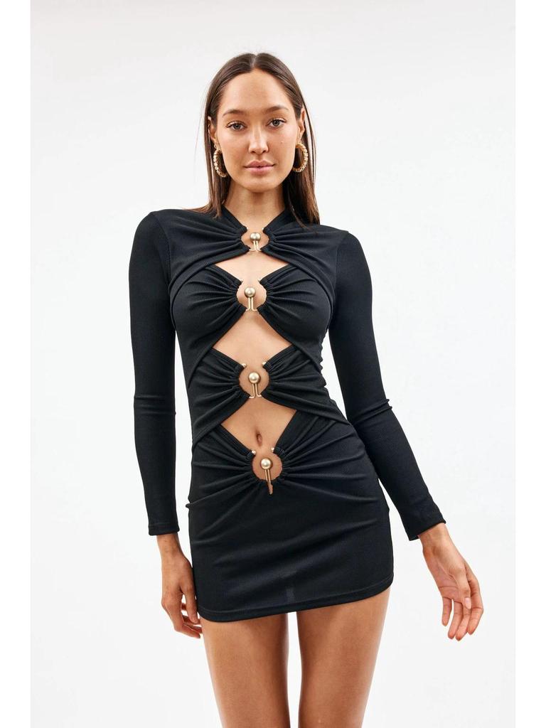 2023 Evropský a Americký Styl Dutý Design Crop Top Obvazové Šaty - Dlouhý Rukáv Bodycon Večerní Šaty pro Ženy